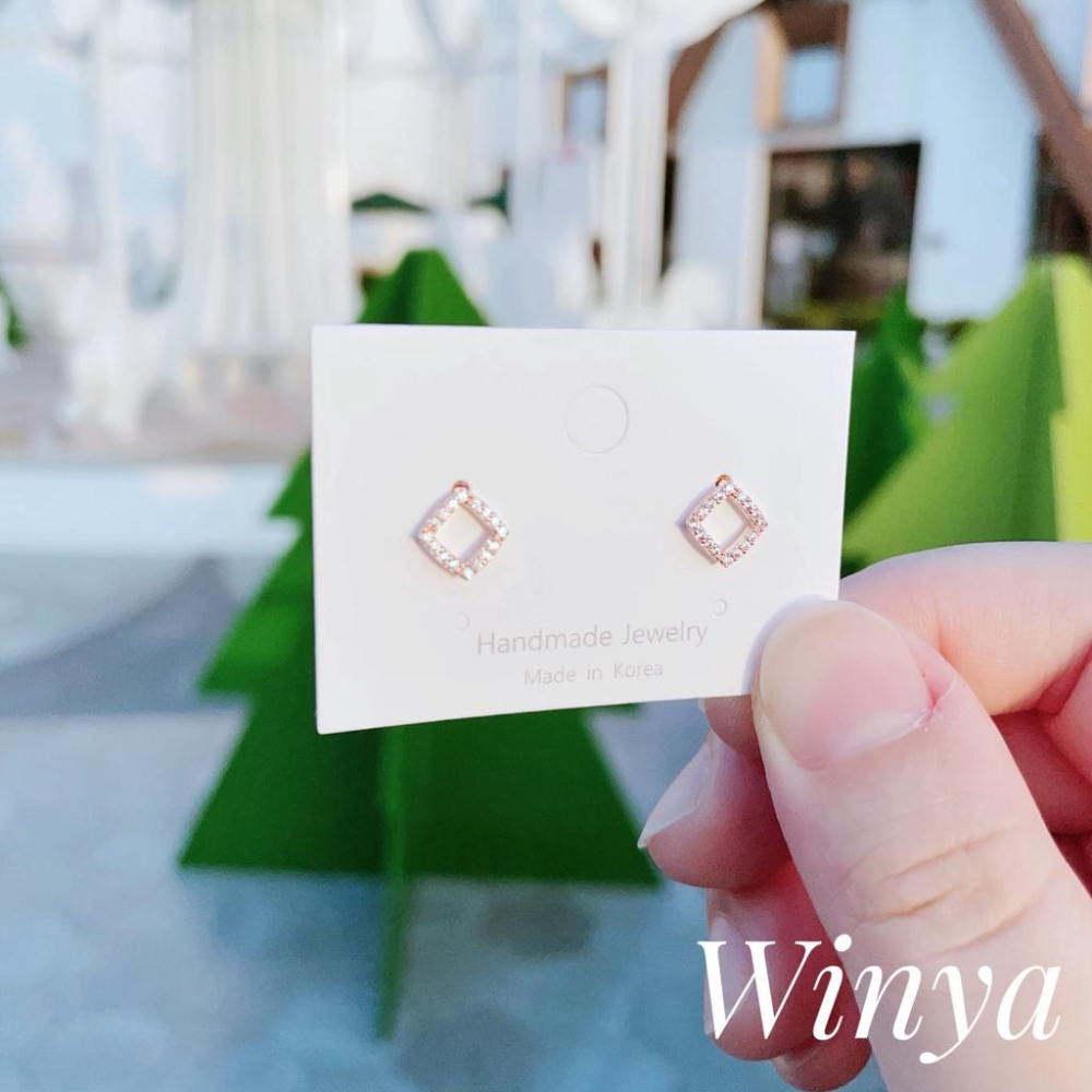 【Winya 韓國飾品 現貨 】正韓 小 菱形 細鑽 耳環 925銀針 耳夾 耳環-細節圖4