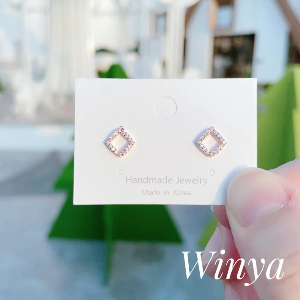 【Winya 韓國飾品 現貨 】正韓 小 菱形 細鑽 耳環 925銀針 耳夾 耳環-細節圖5