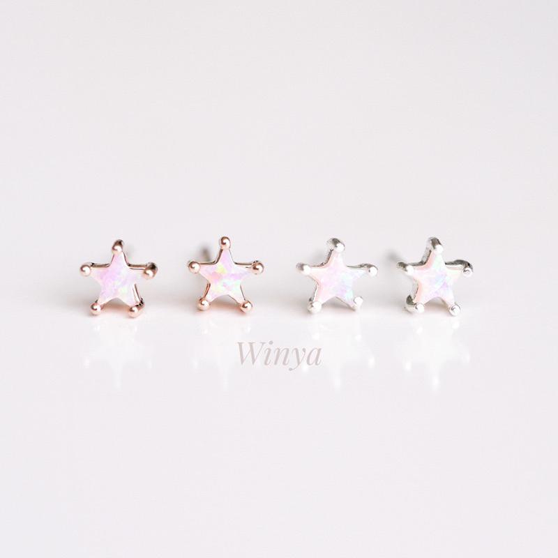 【Winya 韓國飾品 現貨 】正韓 蛋白石 迷你 小星星 耳環 耳針 耳夾 夾式耳環-細節圖5