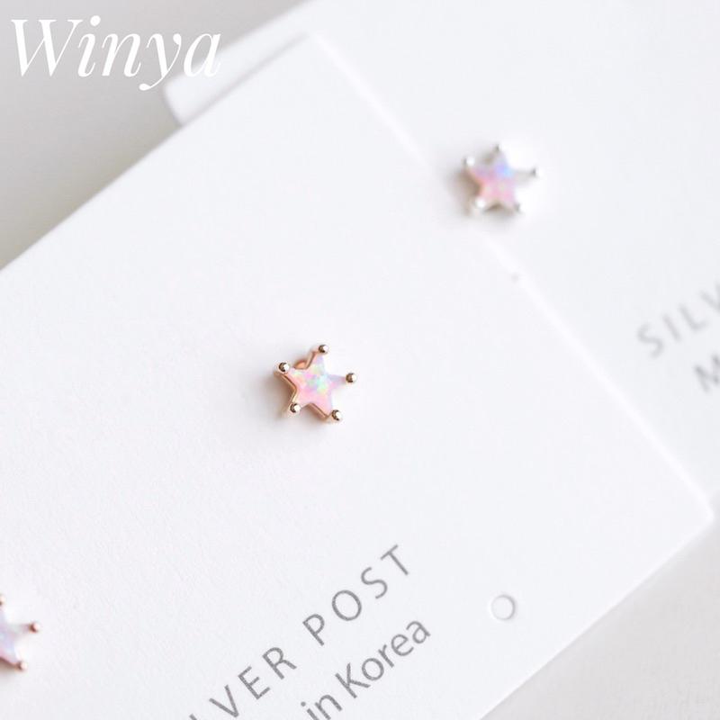 【Winya 韓國飾品 現貨 】正韓 蛋白石 迷你 小星星 耳環 耳針 耳夾 夾式耳環-細節圖7