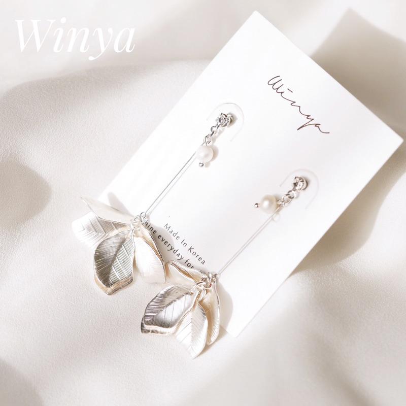 【Winya 韓國飾品 現貨 】正韓 光亮銀葉耳環 氣質 夾式耳環 銀-細節圖2