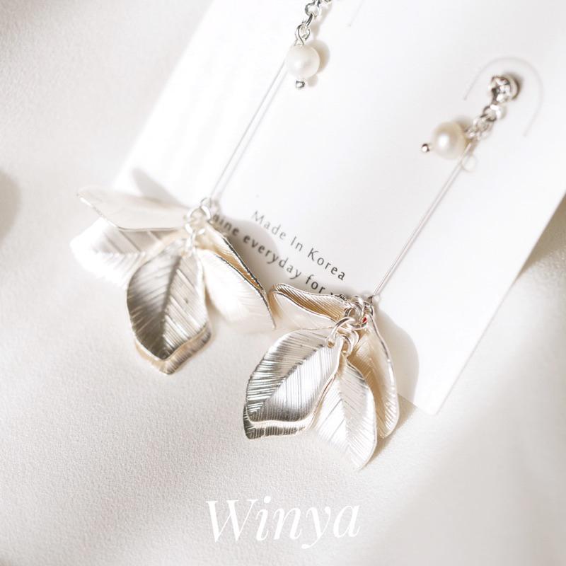 【Winya 韓國飾品 現貨 】正韓 光亮銀葉耳環 氣質 夾式耳環 銀-細節圖3