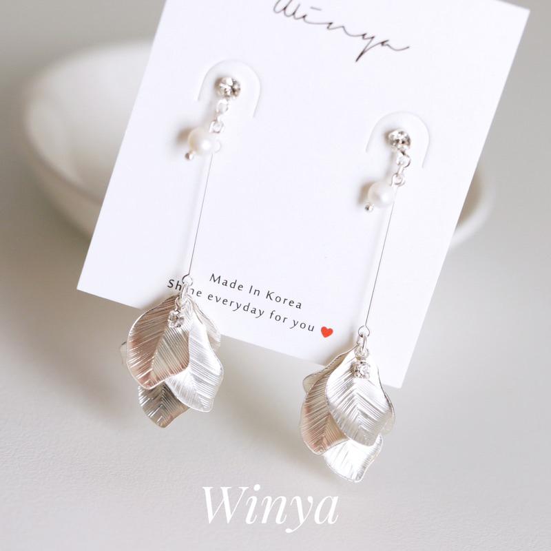 【Winya 韓國飾品 現貨 】正韓 光亮銀葉耳環 氣質 夾式耳環 銀-細節圖4