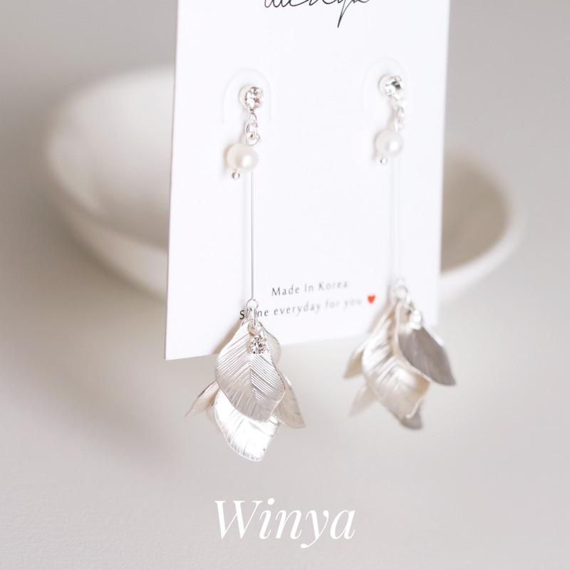 【Winya 韓國飾品 現貨 】正韓 光亮銀葉耳環 氣質 夾式耳環 銀-細節圖5