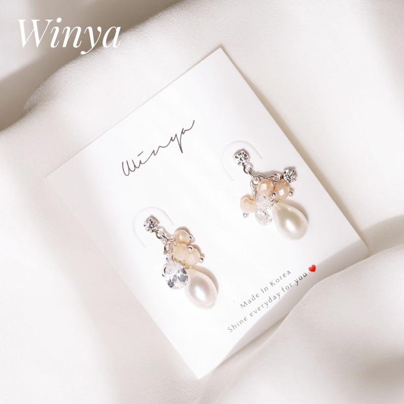 【Winya 韓國飾品 現貨 】正韓 天然珍珠 閃耀珍珠耳環 夾式耳環 粉色-細節圖2