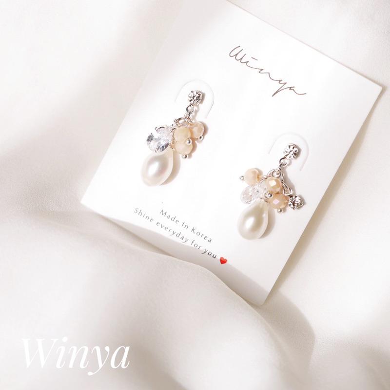 【Winya 韓國飾品 現貨 】正韓 天然珍珠 閃耀珍珠耳環 夾式耳環 粉色-細節圖3