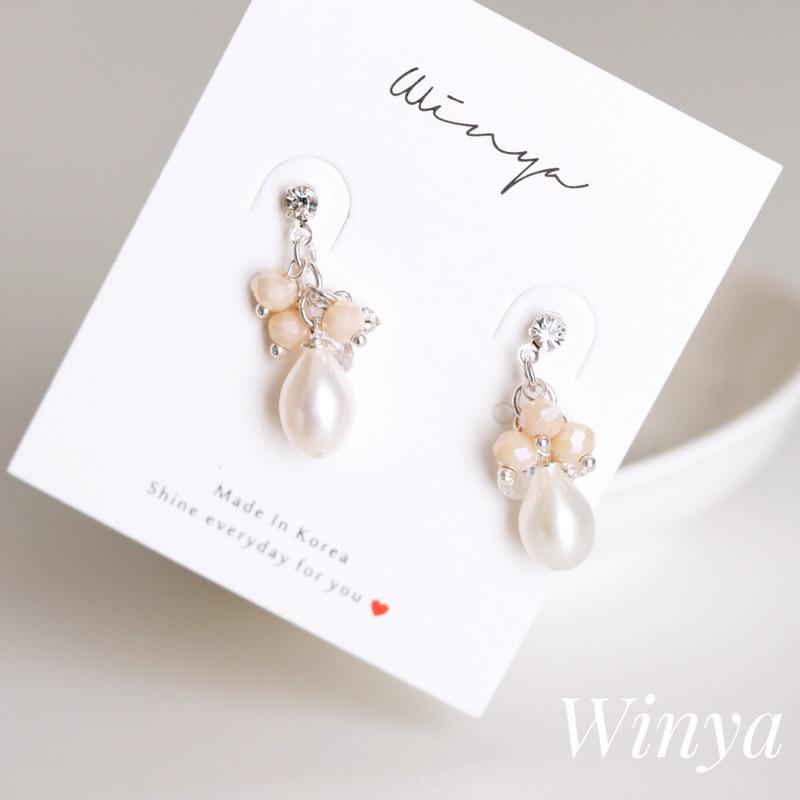 【Winya 韓國飾品 現貨 】正韓 天然珍珠 閃耀珍珠耳環 夾式耳環 粉色-細節圖5