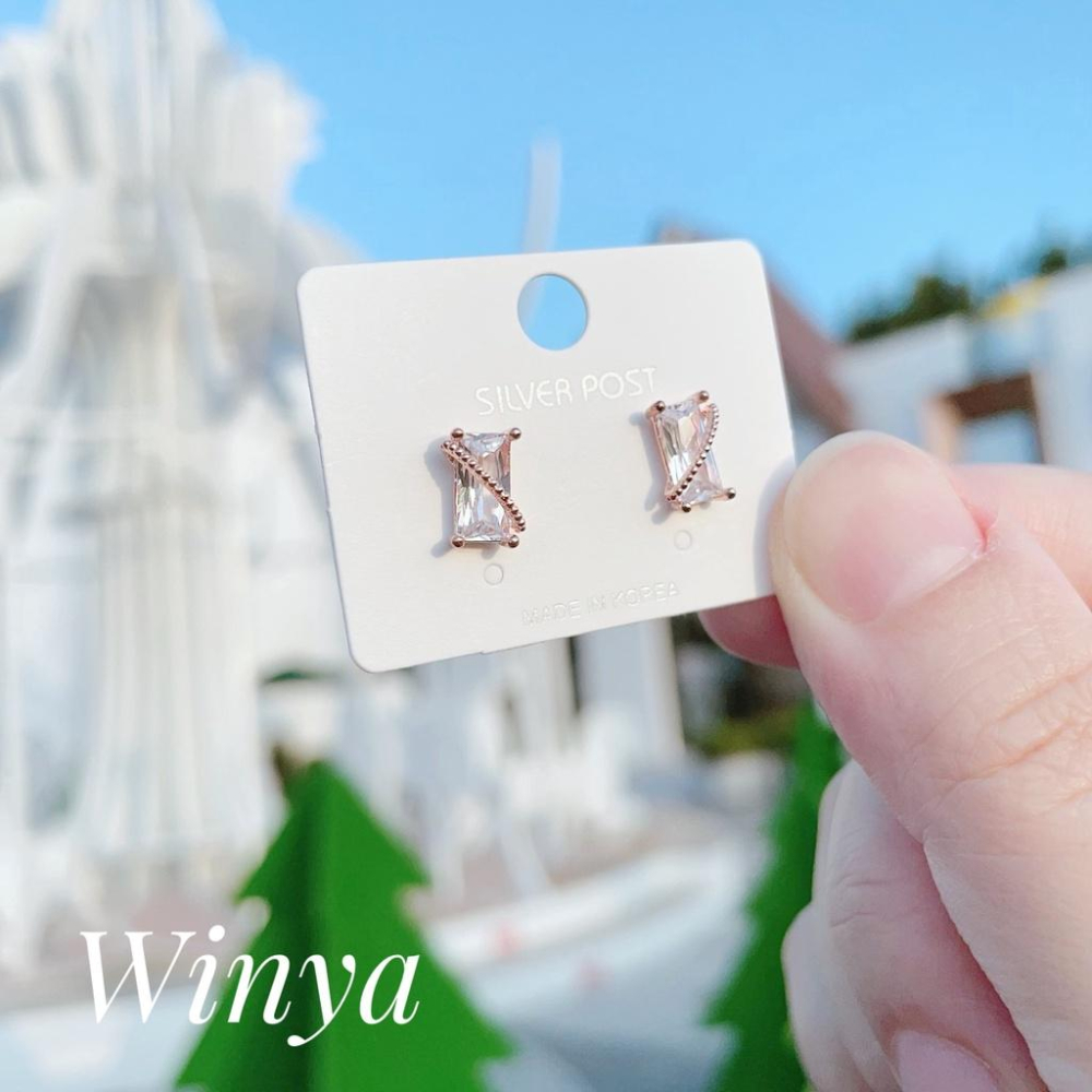 【Winya 韓國飾品 現貨 】正韓 小 方鑽 俐落 耳環 925銀針 耳夾 耳環-細節圖2