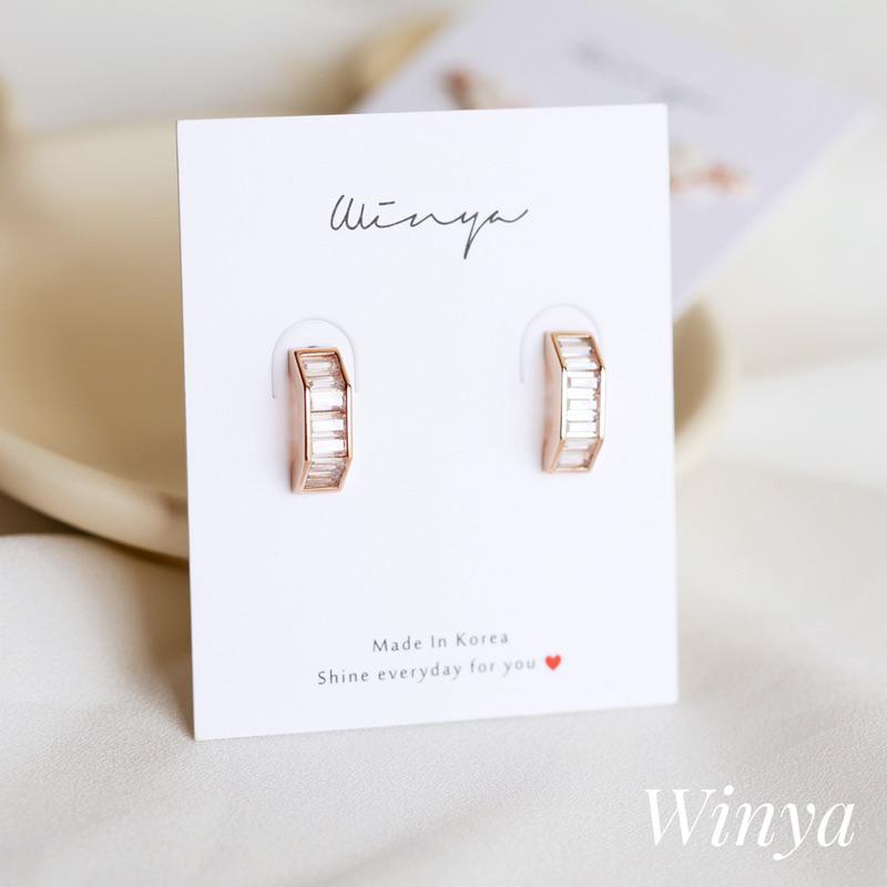 【Winya 韓國飾品 現貨 】正韓 簡約 水鑽 梯 耳環 耳針 耳夾 夾式耳環-細節圖2