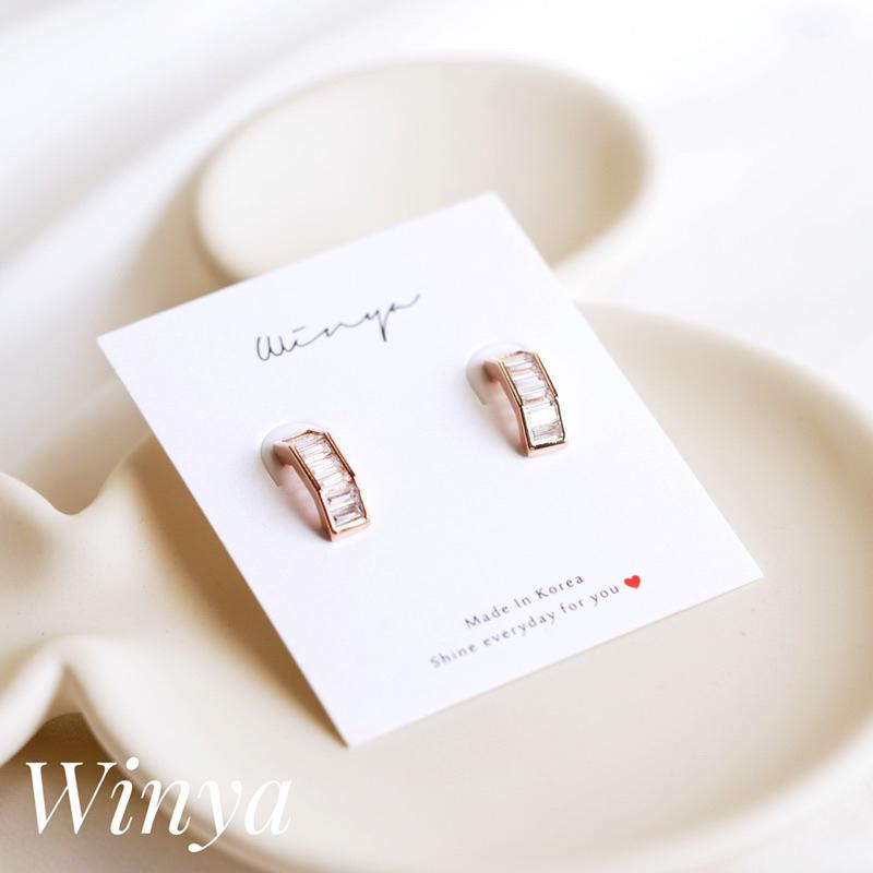 【Winya 韓國飾品 現貨 】正韓 簡約 水鑽 梯 耳環 耳針 耳夾 夾式耳環-細節圖3