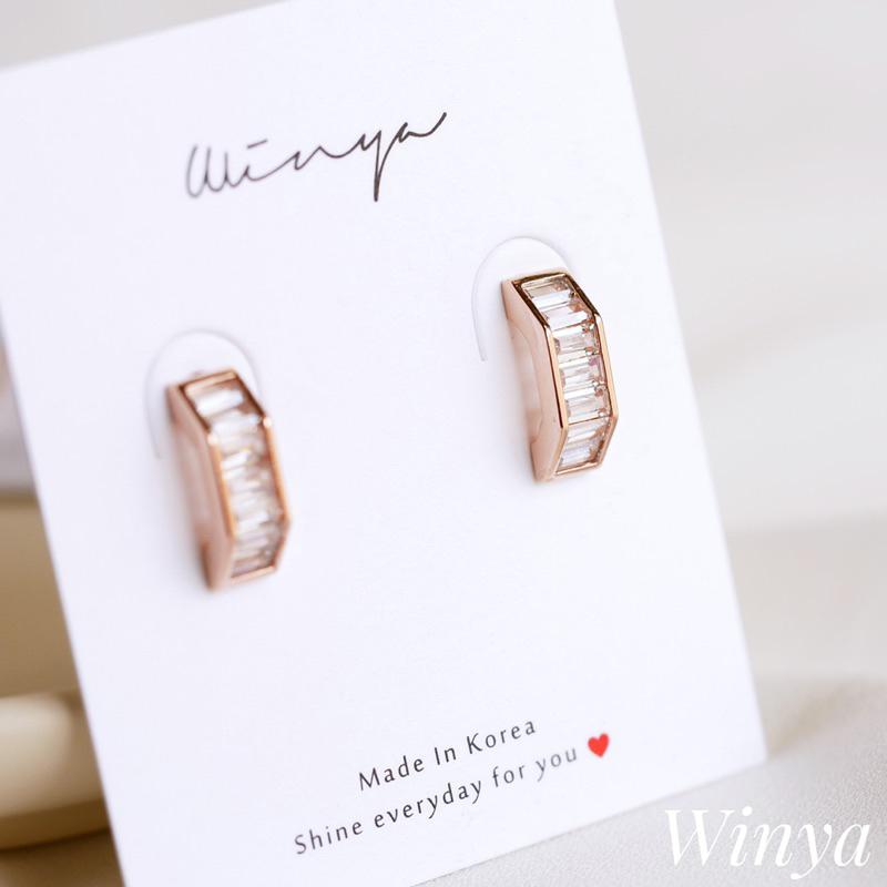 【Winya 韓國飾品 現貨 】正韓 簡約 水鑽 梯 耳環 耳針 耳夾 夾式耳環-細節圖5