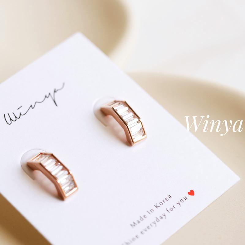 【Winya 韓國飾品 現貨 】正韓 簡約 水鑽 梯 耳環 耳針 耳夾 夾式耳環-細節圖7