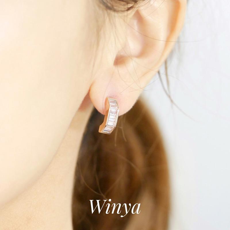 【Winya 韓國飾品 現貨 】正韓 簡約 水鑽 梯 耳環 耳針 耳夾 夾式耳環-細節圖8