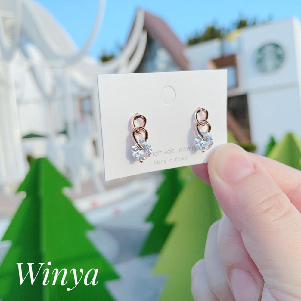【Winya 韓國飾品 現貨 】正韓 水鑽 雙色 鏈條 耳環 925銀針 耳夾 耳環-細節圖2