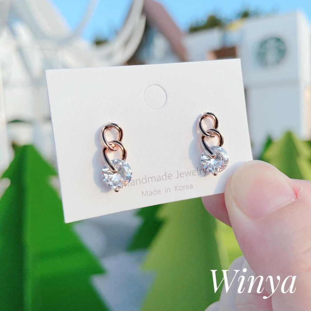 【Winya 韓國飾品 現貨 】正韓 水鑽 雙色 鏈條 耳環 925銀針 耳夾 耳環-細節圖3