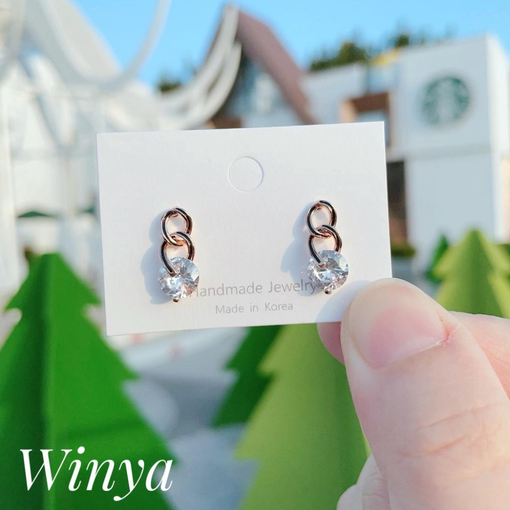 【Winya 韓國飾品 現貨 】正韓 水鑽 雙色 鏈條 耳環 925銀針 耳夾 耳環-細節圖4