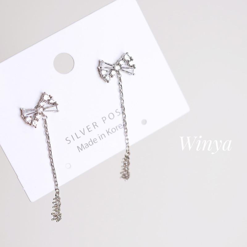 【Winya 韓國飾品 現貨 】正韓 水鑽 蝴蝶結 垂墜耳環 耳針 耳夾 夾式耳環-細節圖2