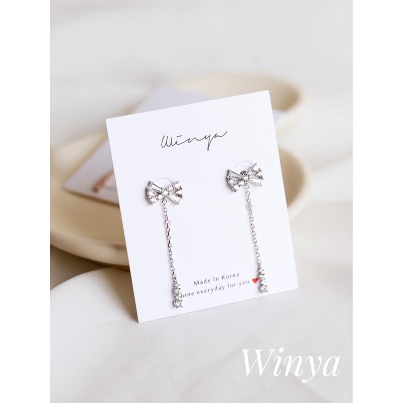 【Winya 韓國飾品 現貨 】正韓 水鑽 蝴蝶結 垂墜耳環 耳針 耳夾 夾式耳環-細節圖4