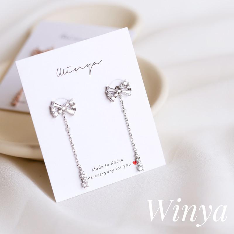 【Winya 韓國飾品 現貨 】正韓 水鑽 蝴蝶結 垂墜耳環 耳針 耳夾 夾式耳環-細節圖5