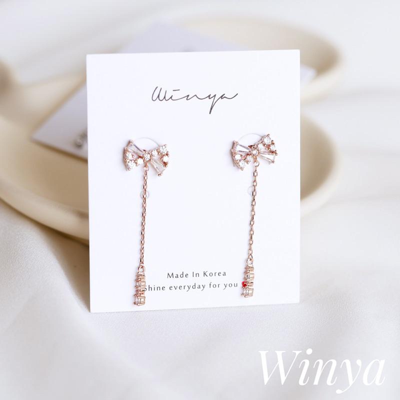 【Winya 韓國飾品 現貨 】正韓 水鑽 蝴蝶結 垂墜耳環 耳針 耳夾 夾式耳環-細節圖6