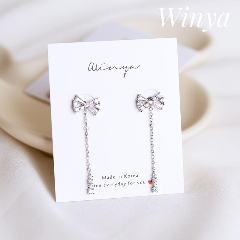 【Winya 韓國飾品 現貨 】正韓 水鑽 蝴蝶結 垂墜耳環 耳針 耳夾 夾式耳環-細節圖7