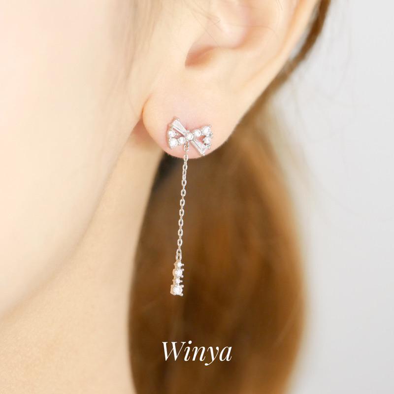 【Winya 韓國飾品 現貨 】正韓 水鑽 蝴蝶結 垂墜耳環 耳針 耳夾 夾式耳環-細節圖8
