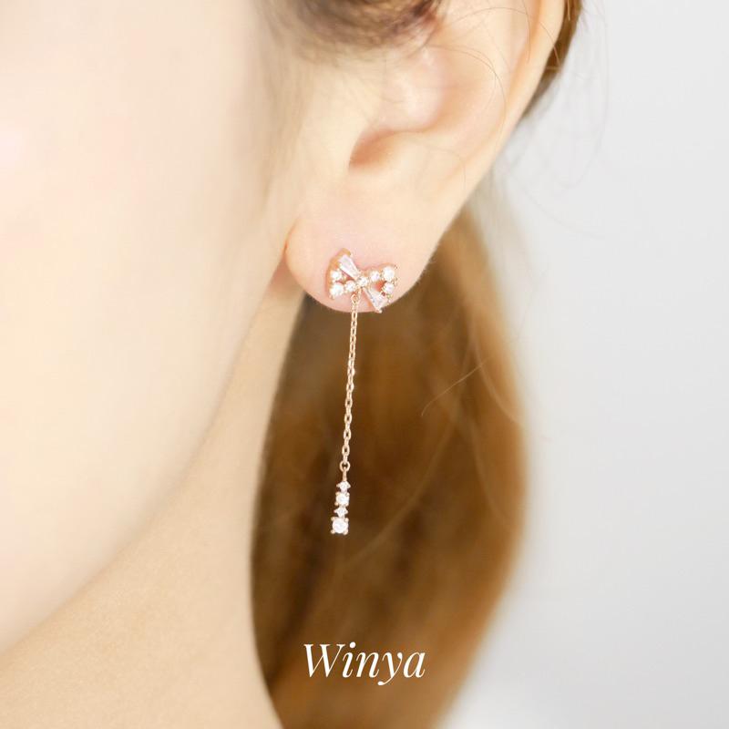 【Winya 韓國飾品 現貨 】正韓 水鑽 蝴蝶結 垂墜耳環 耳針 耳夾 夾式耳環-細節圖9