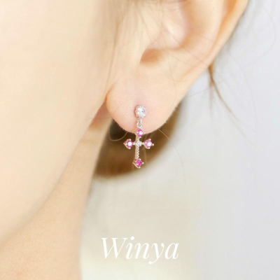 【Winya 韓國飾品 現貨 】正韓 桃紅 十字架 耳環 耳針 耳夾 夾式耳環