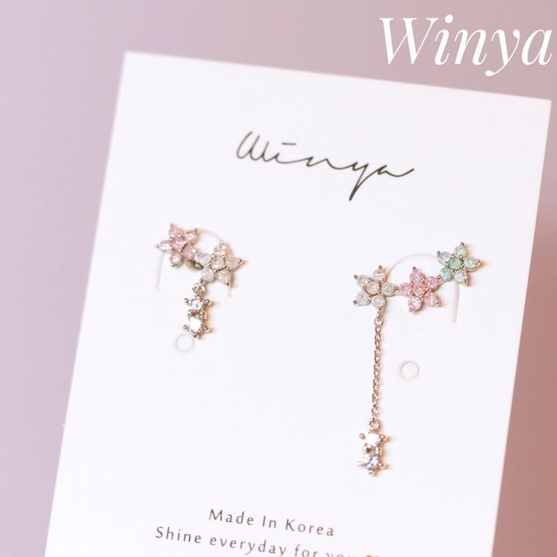 【Winya 韓國飾品 現貨】正韓 粉嫰小花不對稱耳環 水晶耳環 限量現貨-細節圖4