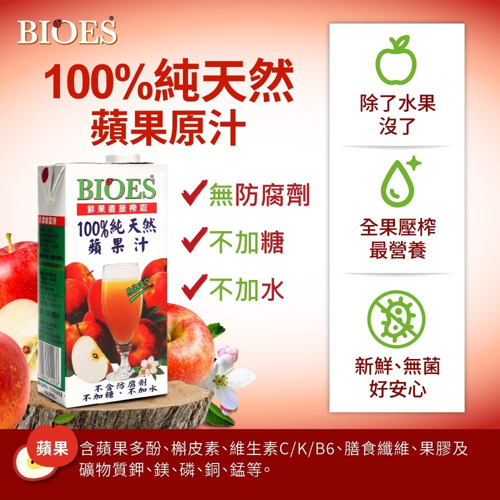 【囍瑞BIOES】100%純天然紅蘋果汁原汁1000ml*6瓶-細節圖2