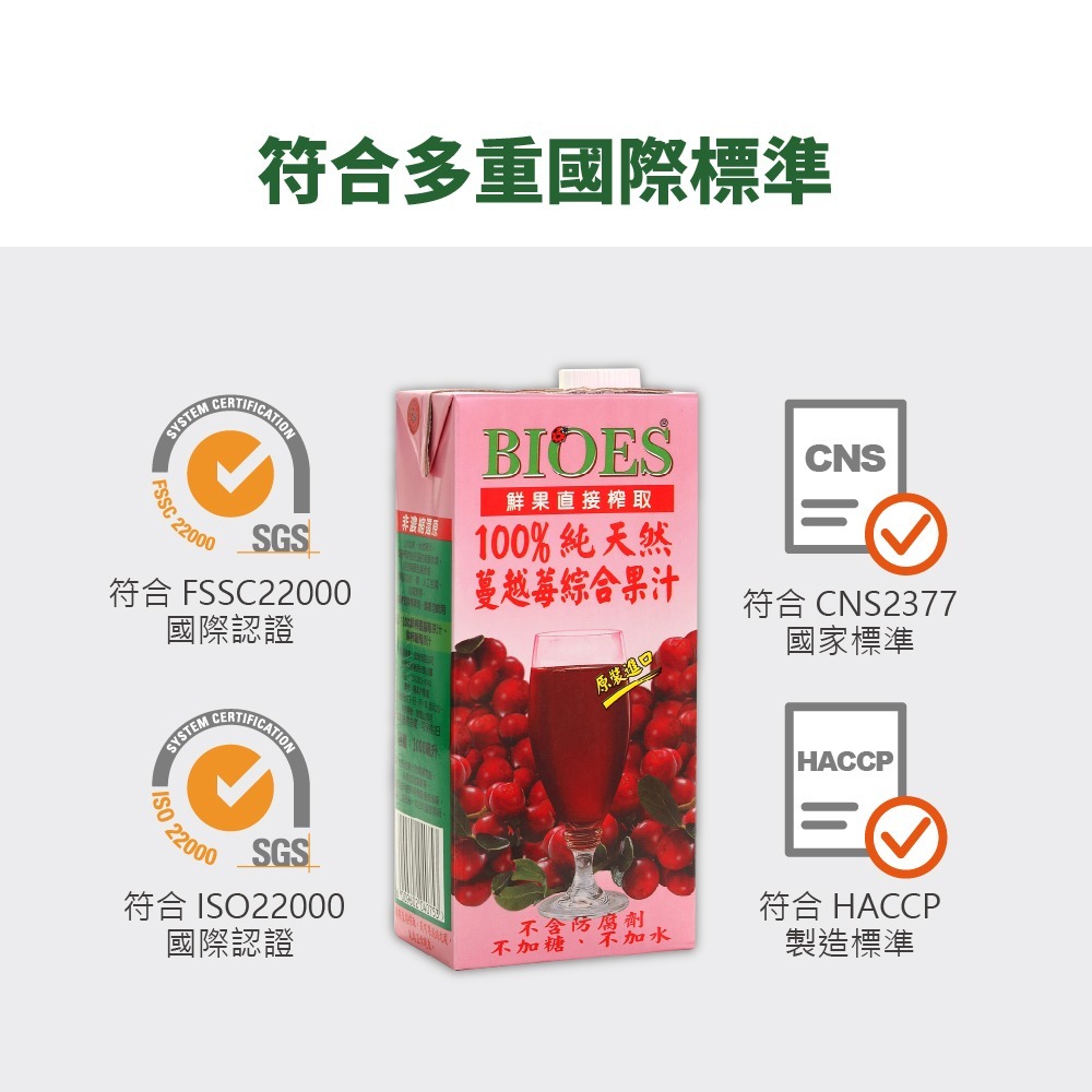 【囍瑞BIOES】100%純天然蔓越莓汁綜合原汁1000ml*6瓶-細節圖7