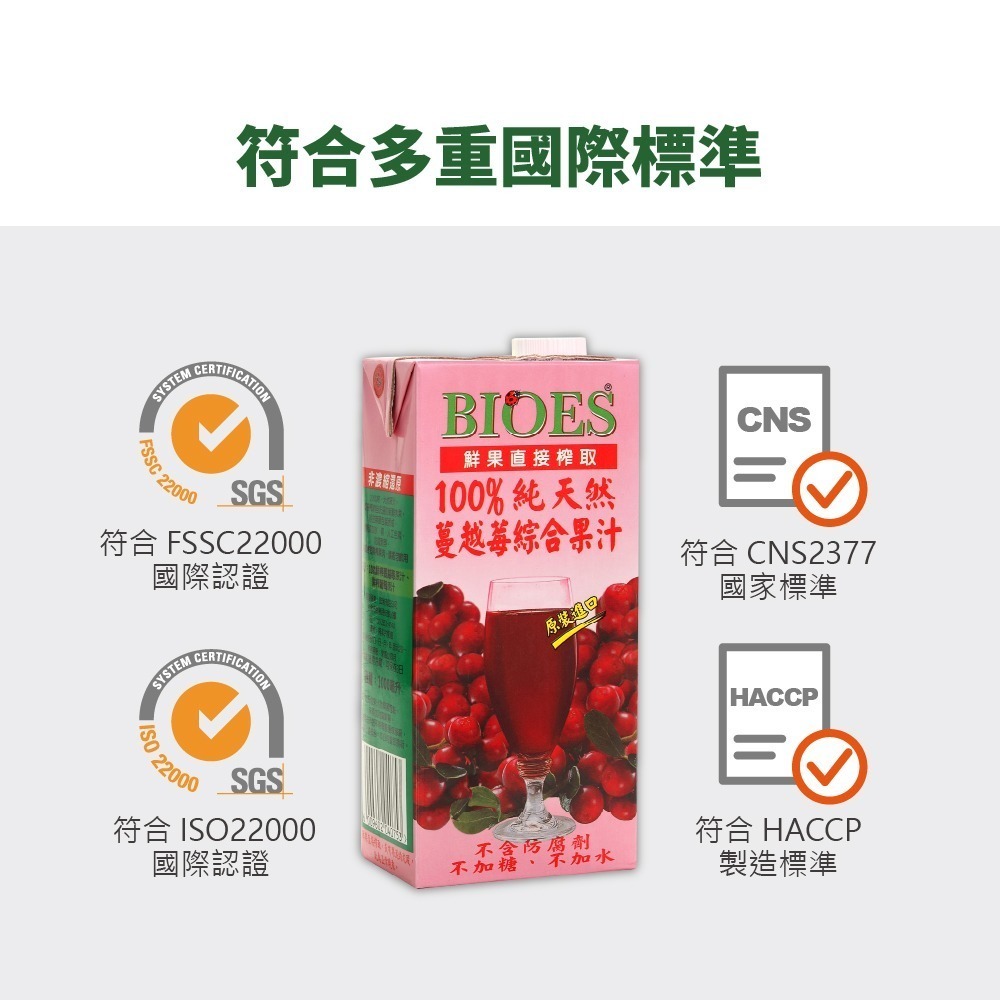 【囍瑞BIOES】100%純天然蔓越莓汁綜合原汁1000ml*6瓶-細節圖7