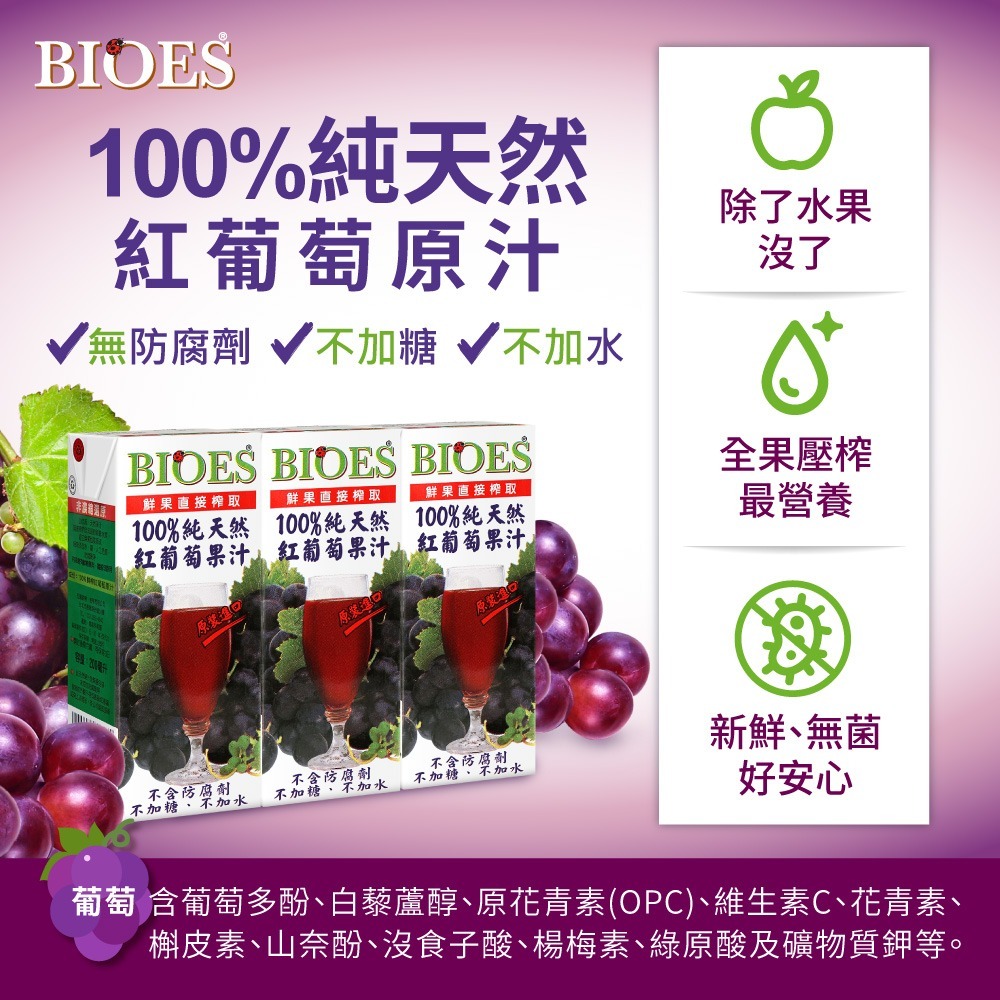 【囍瑞BIOES】100%純天然紅葡萄汁原汁200ml*24瓶-細節圖2