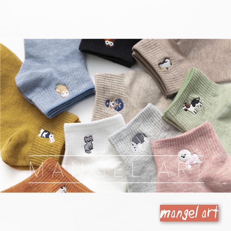 [mangel art] 可愛動物刺繡多色短襪大地色系踝襪短筒襪少女日系韓版韓國日本襪子繽紛彩色-細節圖3
