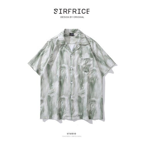 花襯衫 古巴領 復古刷色 渲染 涼感滑面 口袋襯衫 短袖襯衫 男襯衫 - SIRPRICE Select Shop