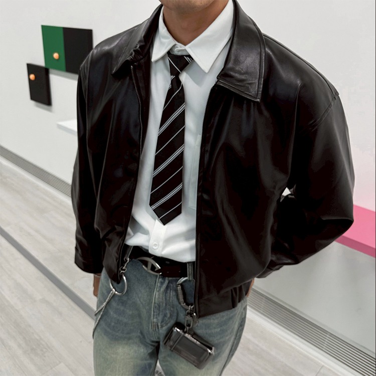 街頭短版 BOXY FIT 皮外套 夾克外套 短寬版型 韓系穿搭 男生外套 - SIRPRICE Select Shop-細節圖6