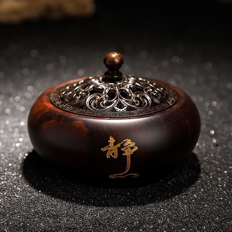 天然 黑檀木 小盤香 香爐 黑檀 描金靜心 香薰爐 香環爐 室內薰香 淨化空氣 百分百天然黑檀木黑酸枝正品保證-細節圖2