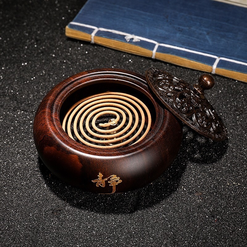 天然 黑檀木 小盤香 香爐 黑檀 描金靜心 香薰爐 香環爐 室內薰香 淨化空氣 百分百天然黑檀木黑酸枝正品保證-細節圖4