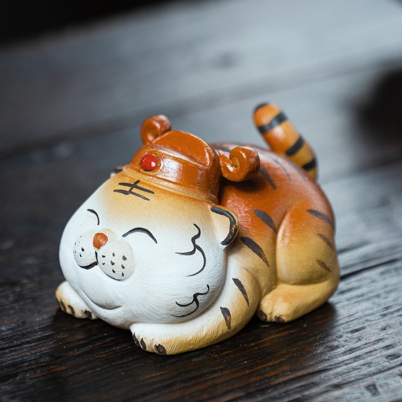 宜興紫砂陶瓷茶寵小萌虎發財升官虎茶具老虎小擺件精品手工創意紫砂招財開運平安裝飾擺設陶瓷居家辦公擺件-細節圖5