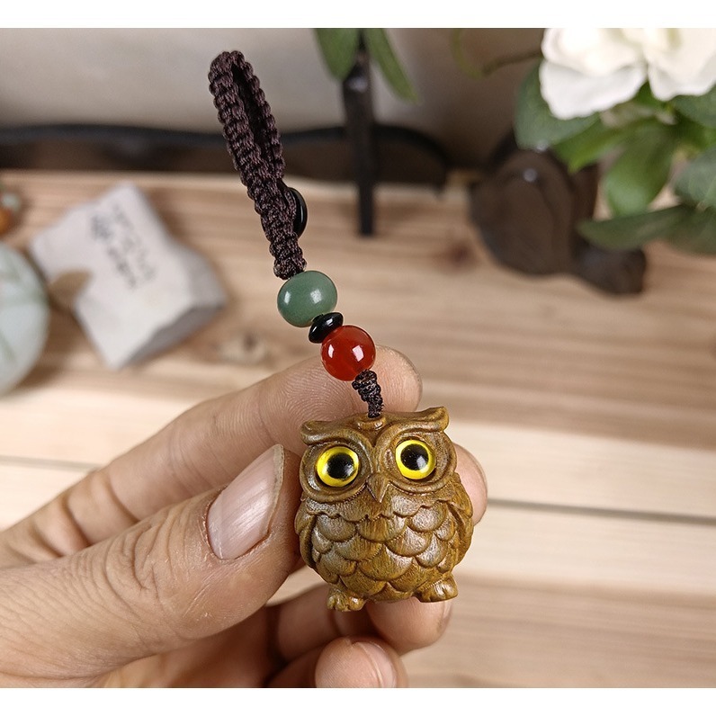 天然 綠檀木 愈瘡木 貓頭鷹  沉水手把件 手機吊墜吊飾鑰匙扣  風水擺件 開運招財避邪鎮宅 百分百天然綠檀木正品保證-細節圖7