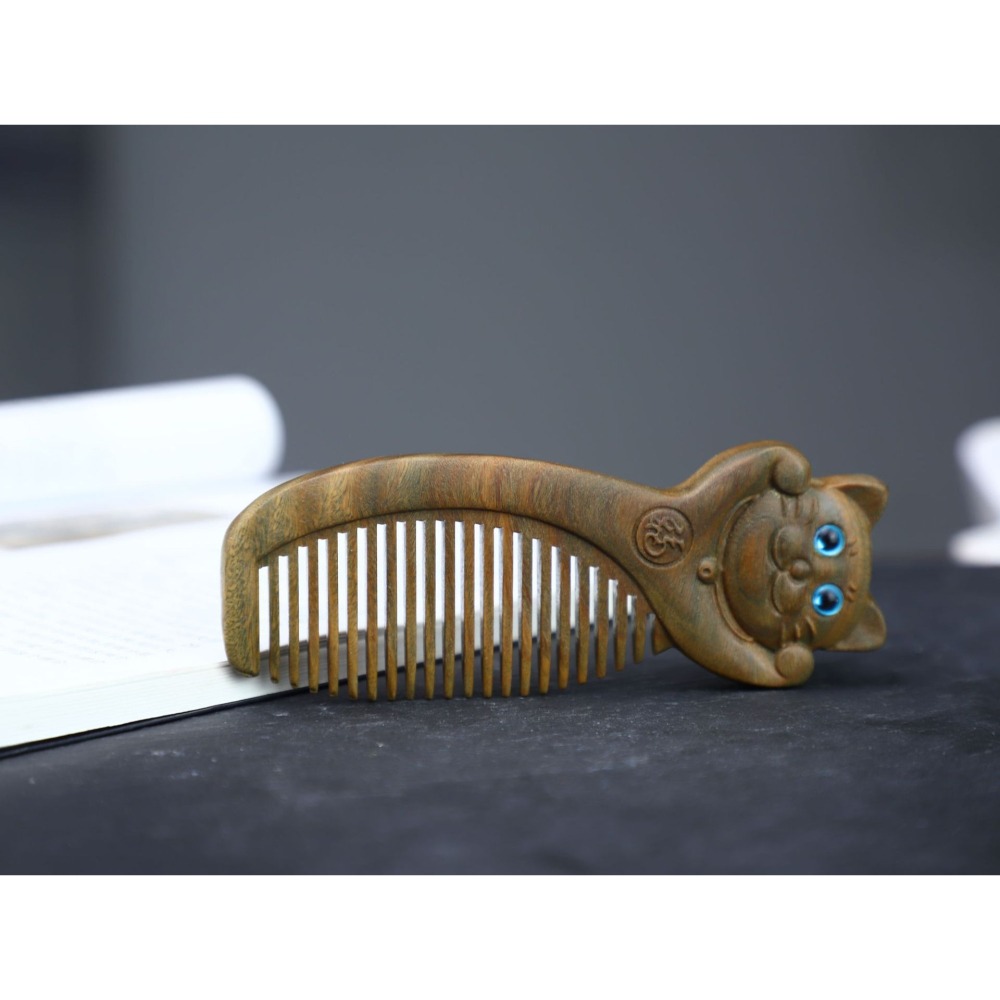 天然 美洲綠檀木 梳子 愈瘡木 木梳 可愛貓 療癒系 可愛小貓 招財貓  百分百天然綠檀木正品保證-細節圖2