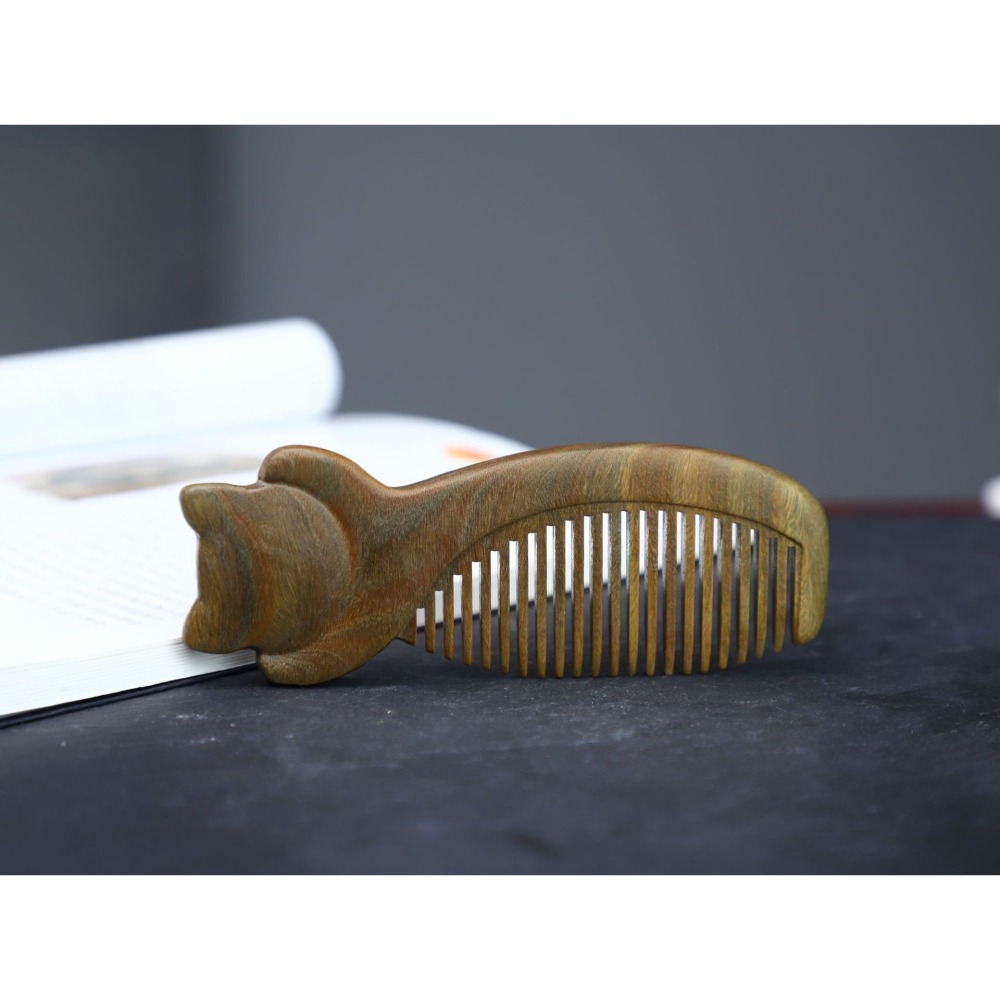 天然 美洲綠檀木 梳子 愈瘡木 木梳 可愛貓 療癒系 可愛小貓 招財貓  百分百天然綠檀木正品保證-細節圖3