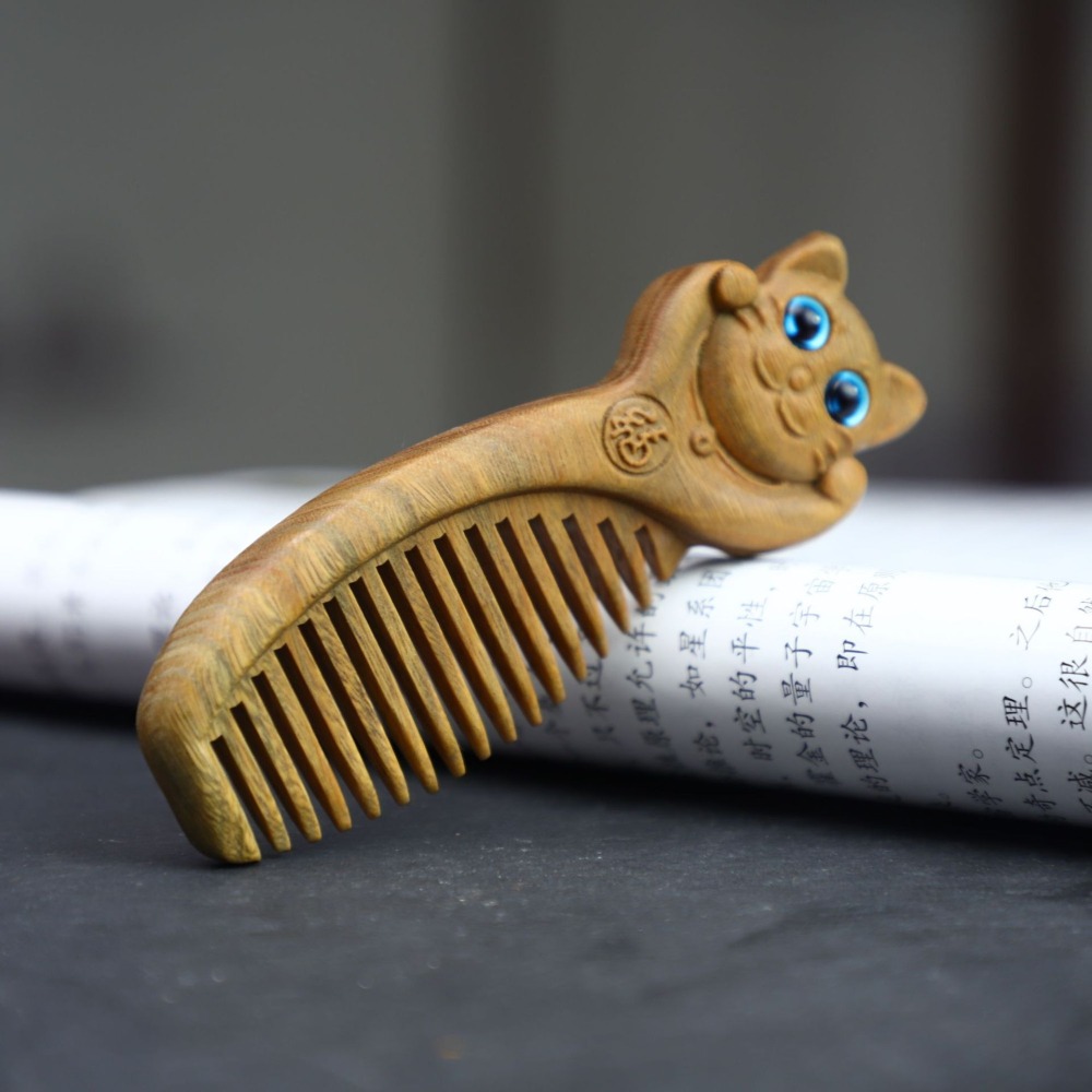 天然 美洲綠檀木 梳子 愈瘡木 木梳 可愛貓 療癒系 可愛小貓 招財貓  百分百天然綠檀木正品保證-細節圖5