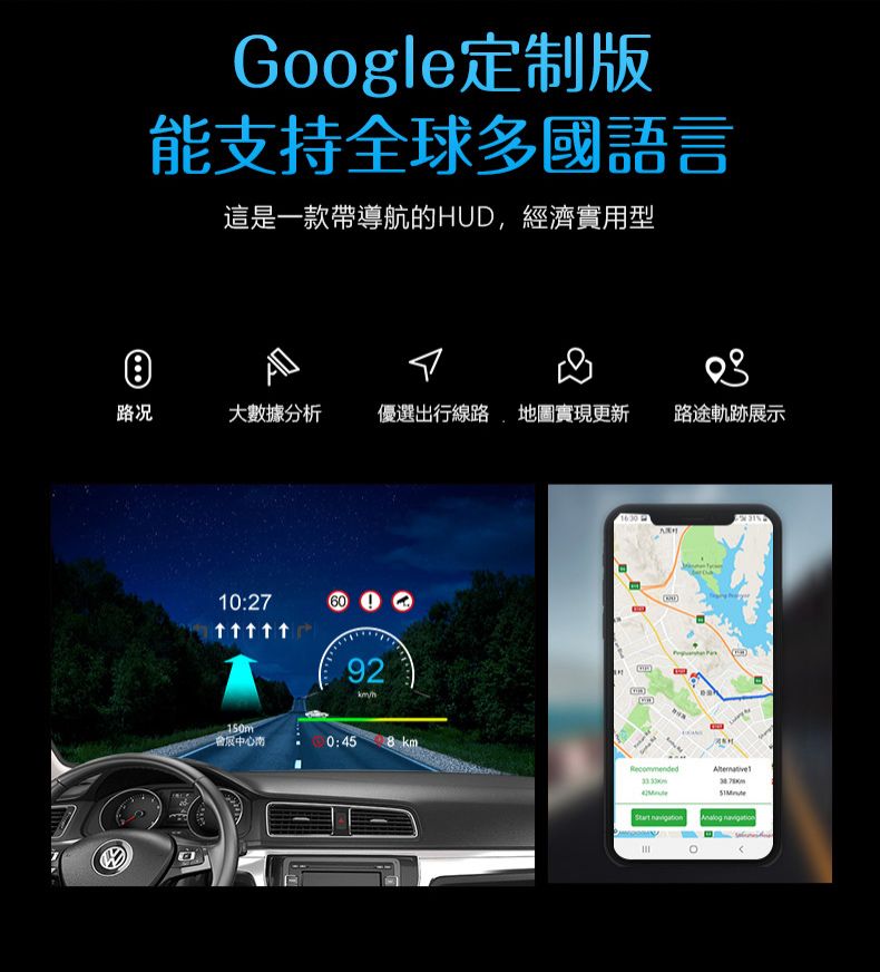 昭昭HUD 智能導航版 OBD2/GPS雙系統 多功能汽車抬頭顯示器 ECU數據 水溫 時速 轉速 警報 油耗 賽車表-細節圖5