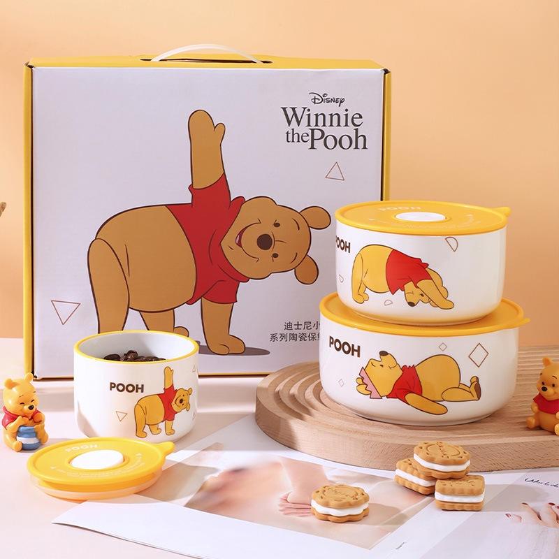 迪士尼維尼熊陶瓷保鮮碗禮盒帶蓋保鮮盒三件套食具手伴禮套裝-細節圖2