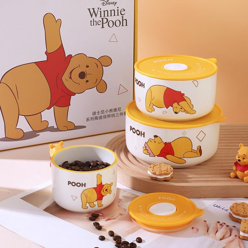 迪士尼維尼熊陶瓷保鮮碗禮盒帶蓋保鮮盒三件套食具手伴禮套裝-細節圖3