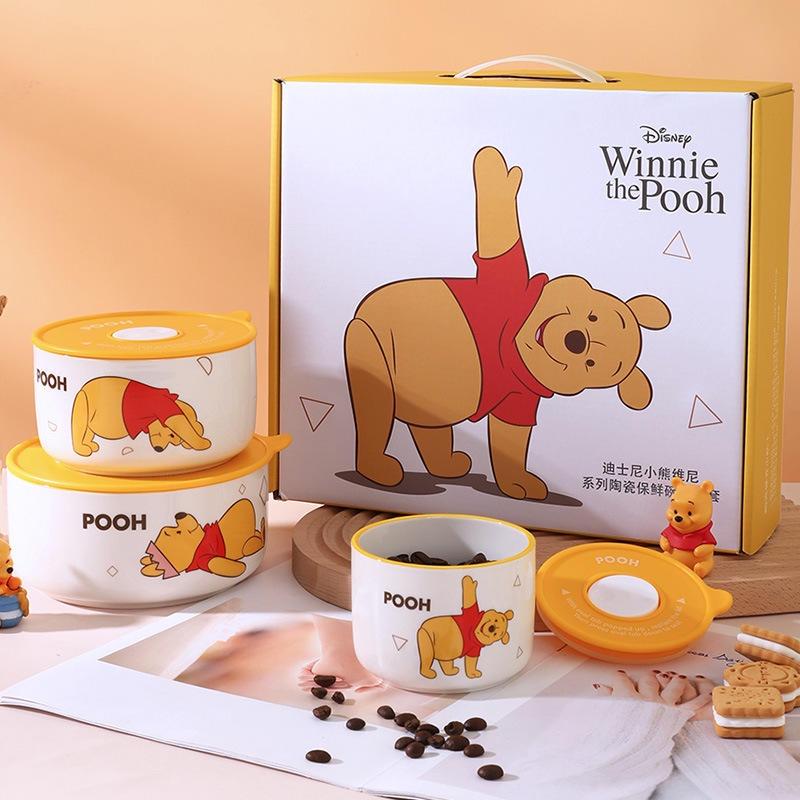 迪士尼維尼熊陶瓷保鮮碗禮盒帶蓋保鮮盒三件套食具手伴禮套裝-細節圖4