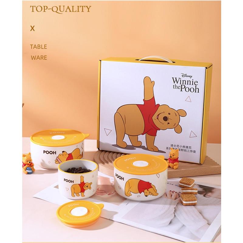 迪士尼維尼熊陶瓷保鮮碗禮盒帶蓋保鮮盒三件套食具手伴禮套裝-細節圖6
