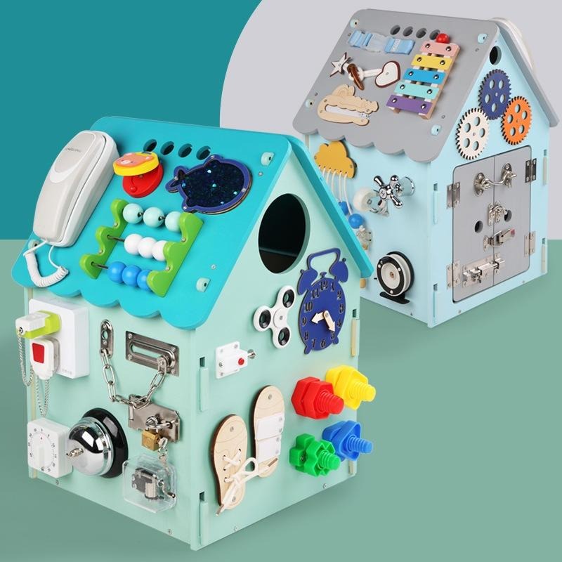 木制蒙特梭利忙碌屋兒童早教忙碌箱開鎖穿衣敲琴專注力訓練玩具-細節圖2