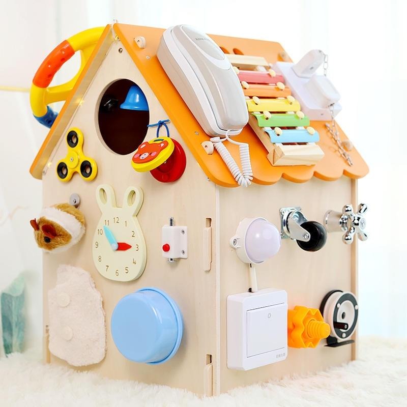 木制蒙特梭利忙碌屋兒童早教忙碌箱開鎖穿衣敲琴專注力訓練玩具-細節圖3